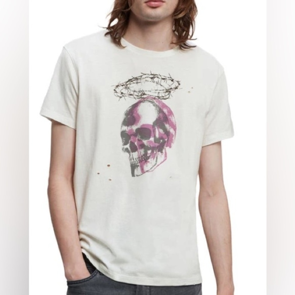 (JZ-77) John Varvatos Skull Wire Graphic Tee In White - Picture 2 of 4